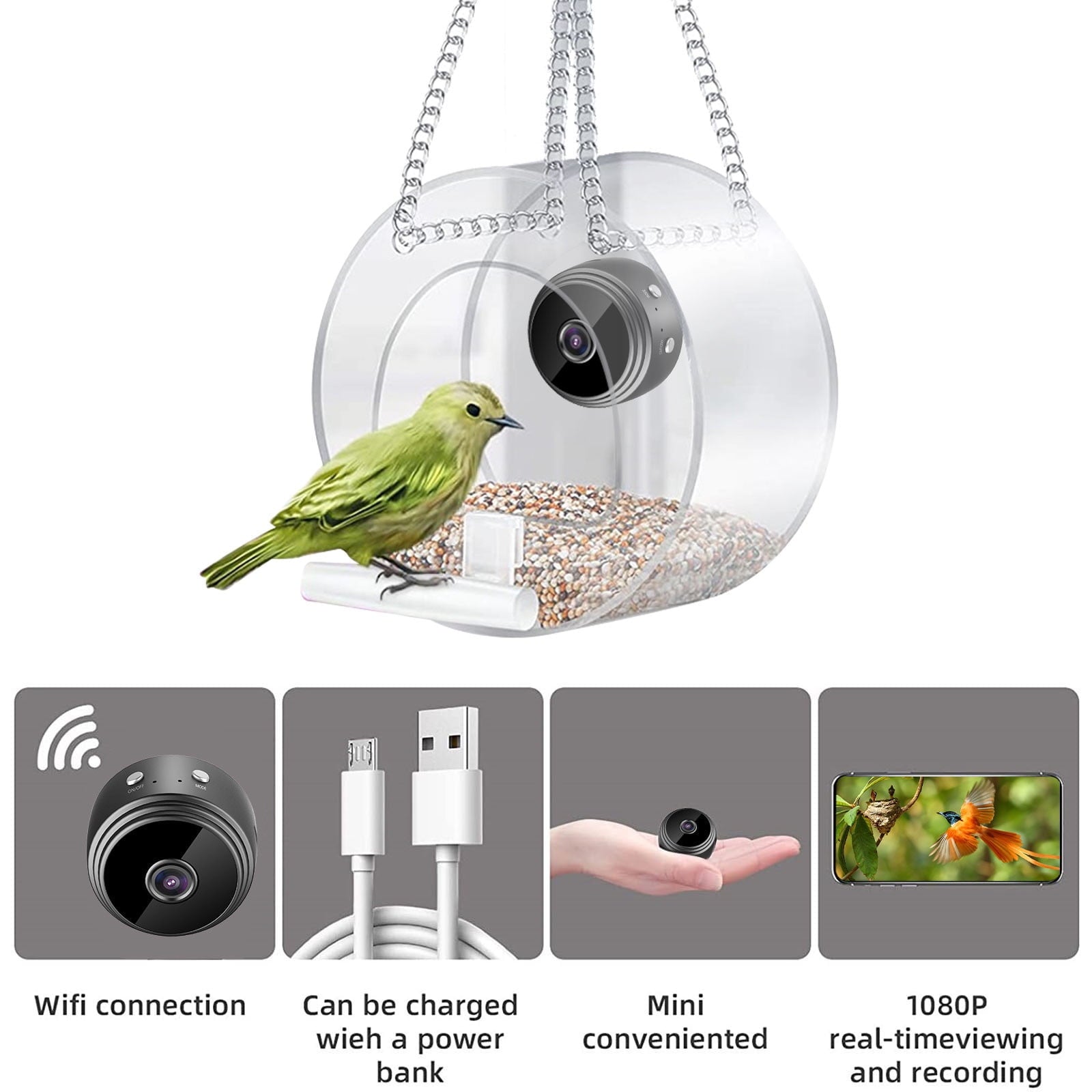 Bird Feeder Camera 1080P Night Vision WiFi Remote Monitoring for Outdoor Bird Watching