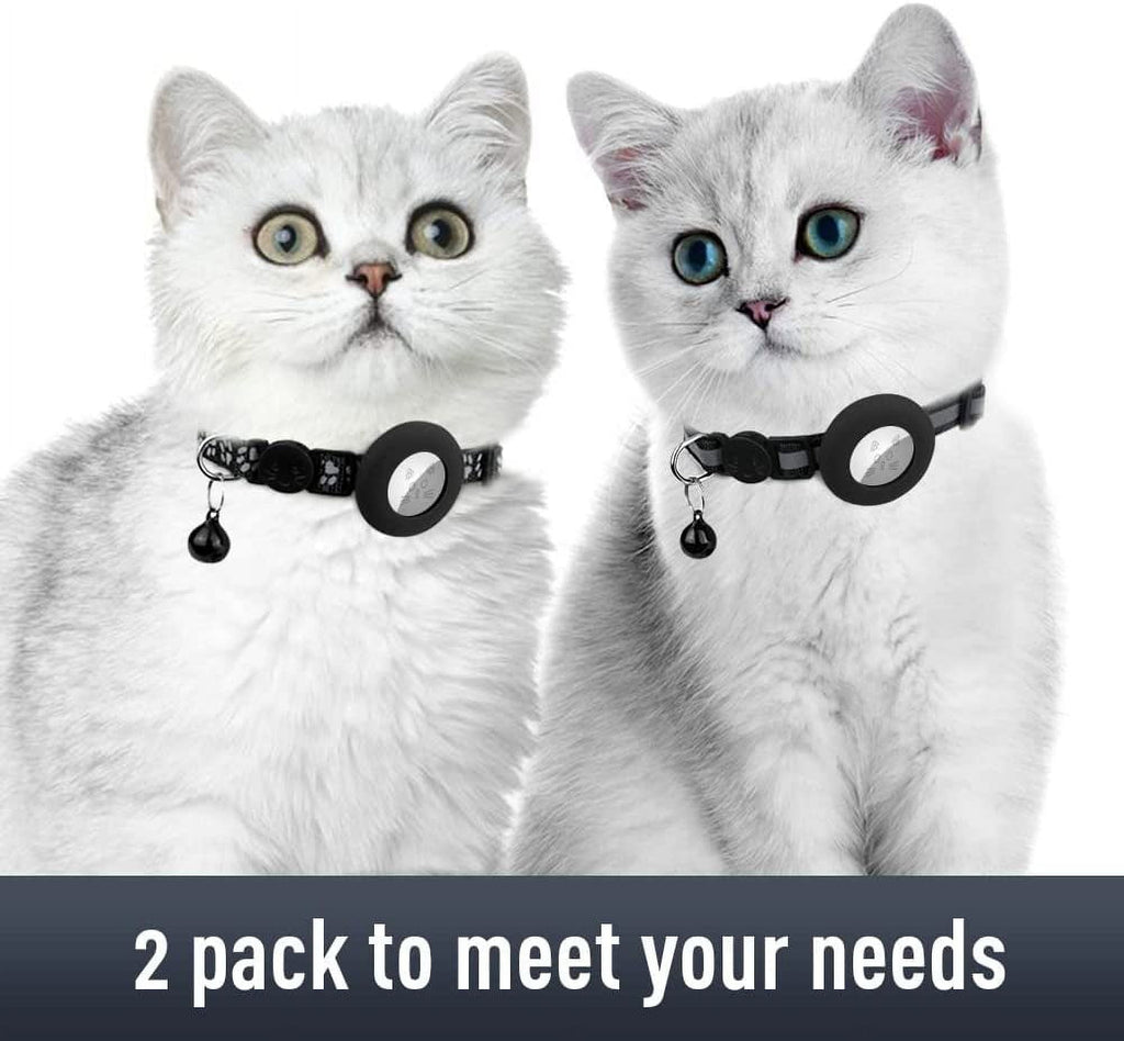 2 Pack Airtag Cat Collars, Reflective Cat Collar with Silicone Airtag Holder and Bell, Breakaway Cat Collars with Round Safety Buckle for Boy and Girl Cats, Adjustable for 7.5-12.5", Black