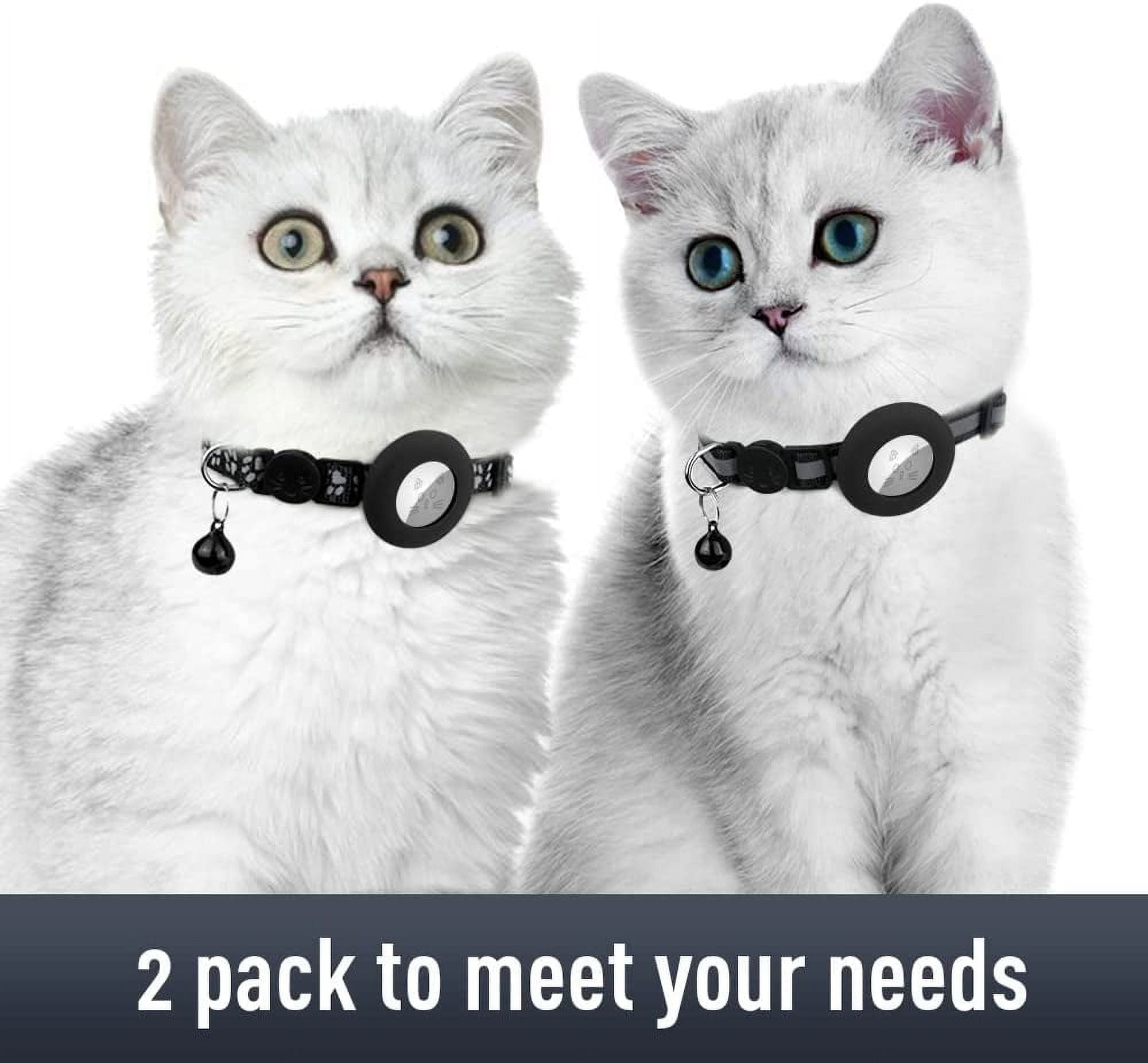 2 Pack Airtag Cat Collars, Reflective Cat Collar with Silicone Airtag Holder and Bell, Breakaway Cat Collars with Round Safety Buckle for Boy and Girl Cats, Adjustable for 7.5-12.5", Black