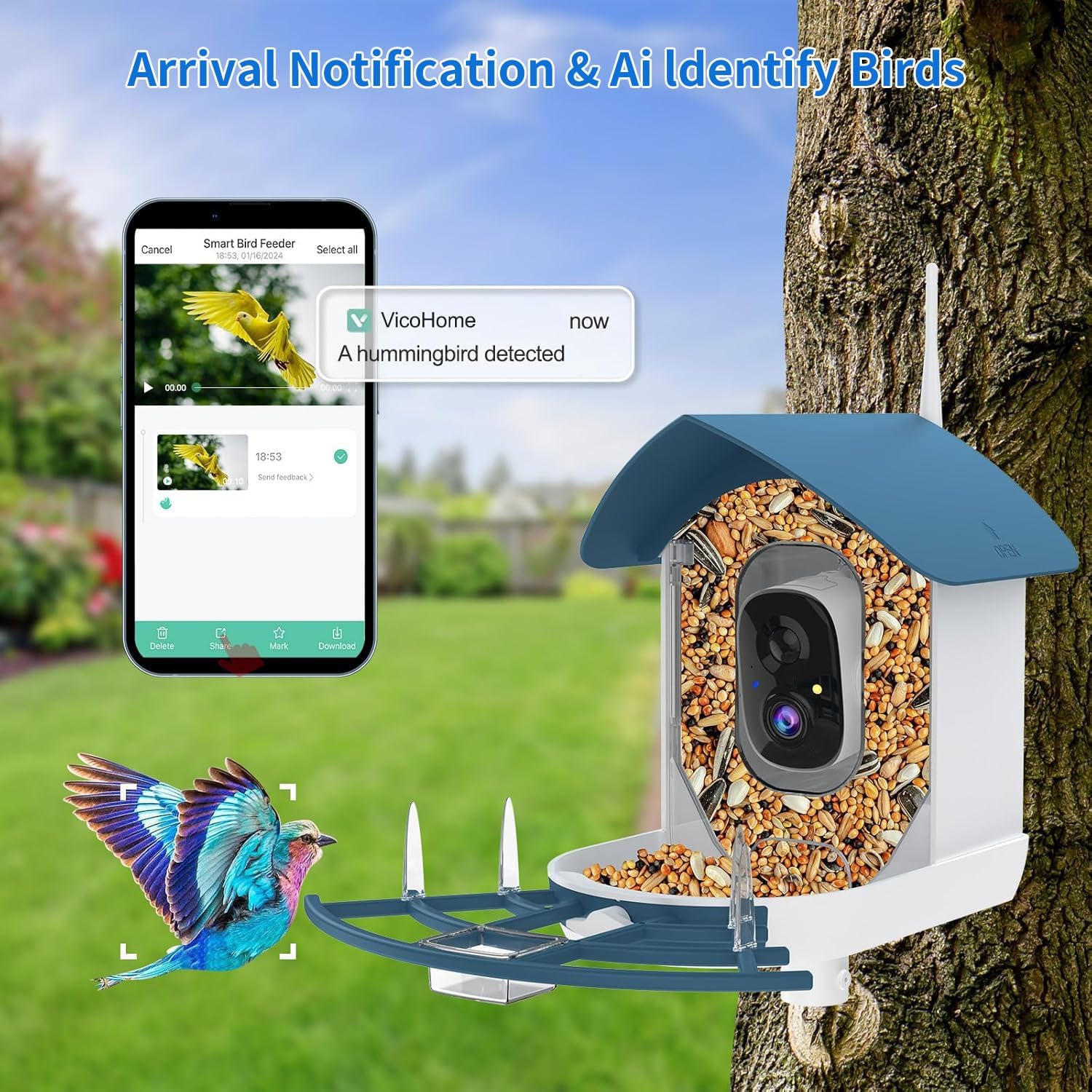 Bird Feeder with Camera, Smart AI Bird Breed Recognition, Birds Motion Detection with Real-Time Notice, 2K Auto Capture Bird Watching WiFi Camera, Solar-Powered Outdoor Charging Bird House,Green