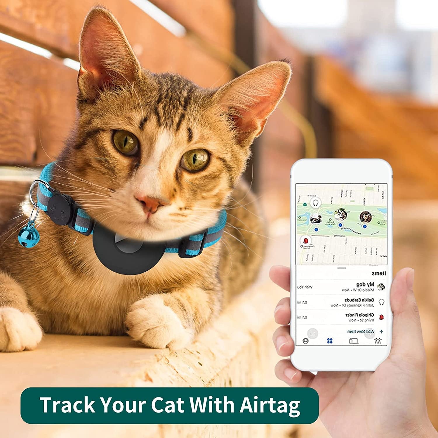 Breakaway Airtag Cat Collar, Reflective Apple Air Tag Cat Collar with Bell and Waterproof Airtag Holder Case, GPS Pet Tracker Collar for Girl Boy Cats, Kittens, Puppies (Blue)