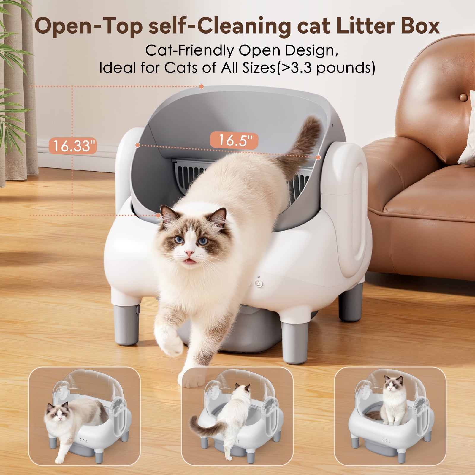 Cumrige Self Cleaning Litter Box,Open Top Automatic Litter Box with App Control for Multiple Cats, Safety Sensors Protection,Large Waste Bin