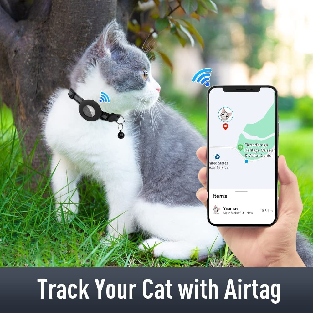 2 Pack Airtag Cat Collars, Reflective Cat Collar with Silicone Airtag Holder and Bell, Breakaway Cat Collars with Round Safety Buckle for Boy and Girl Cats, Adjustable for 7.5-12.5", Black