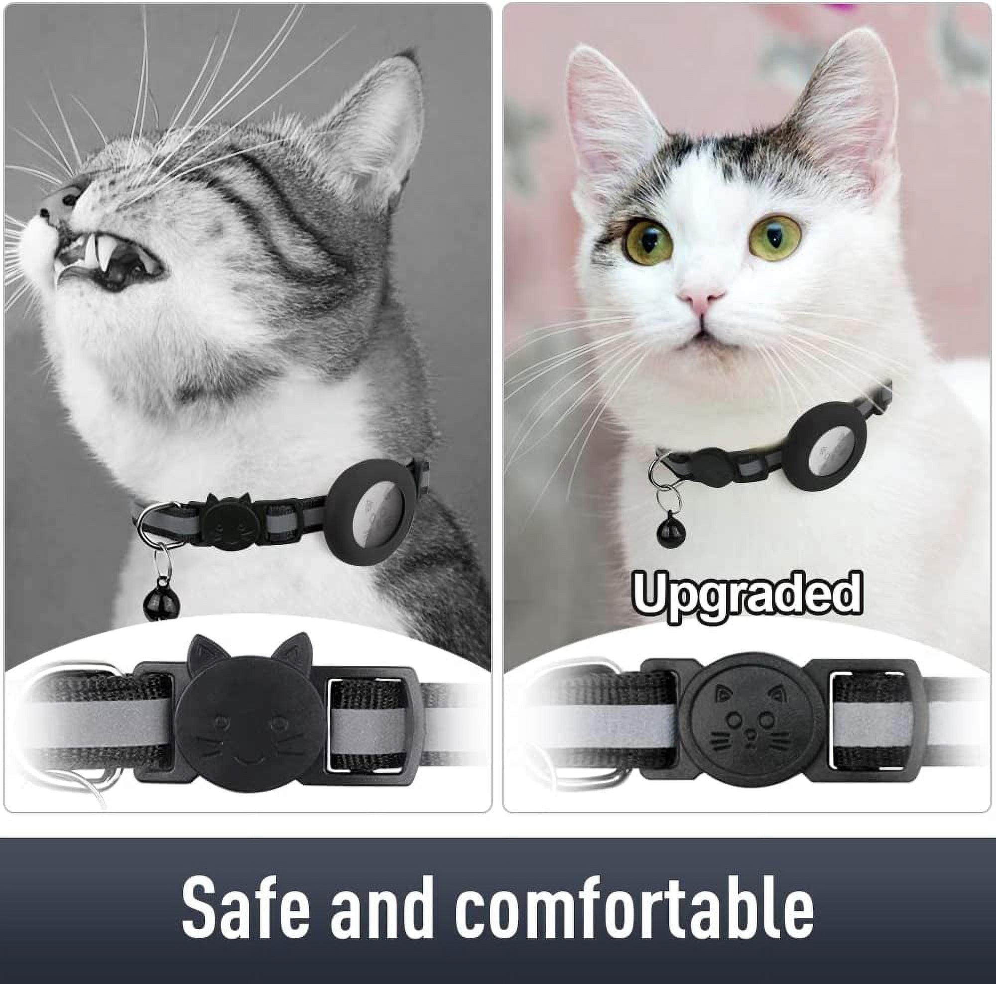 2 Pack Airtag Cat Collars, Reflective Cat Collar with Silicone Airtag Holder and Bell, Breakaway Cat Collars with Round Safety Buckle for Boy and Girl Cats, Adjustable for 7.5-12.5", Black