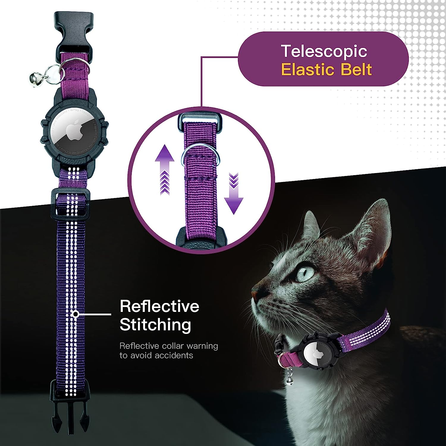 Airtag Cat Collar, New Integrated Apple Air Tag Cat Collar, Reflective Cat Collar with AirTag Holder and Bell, Cat Collar for Girls Boys Cats, Kittens and Puppies (Purple)