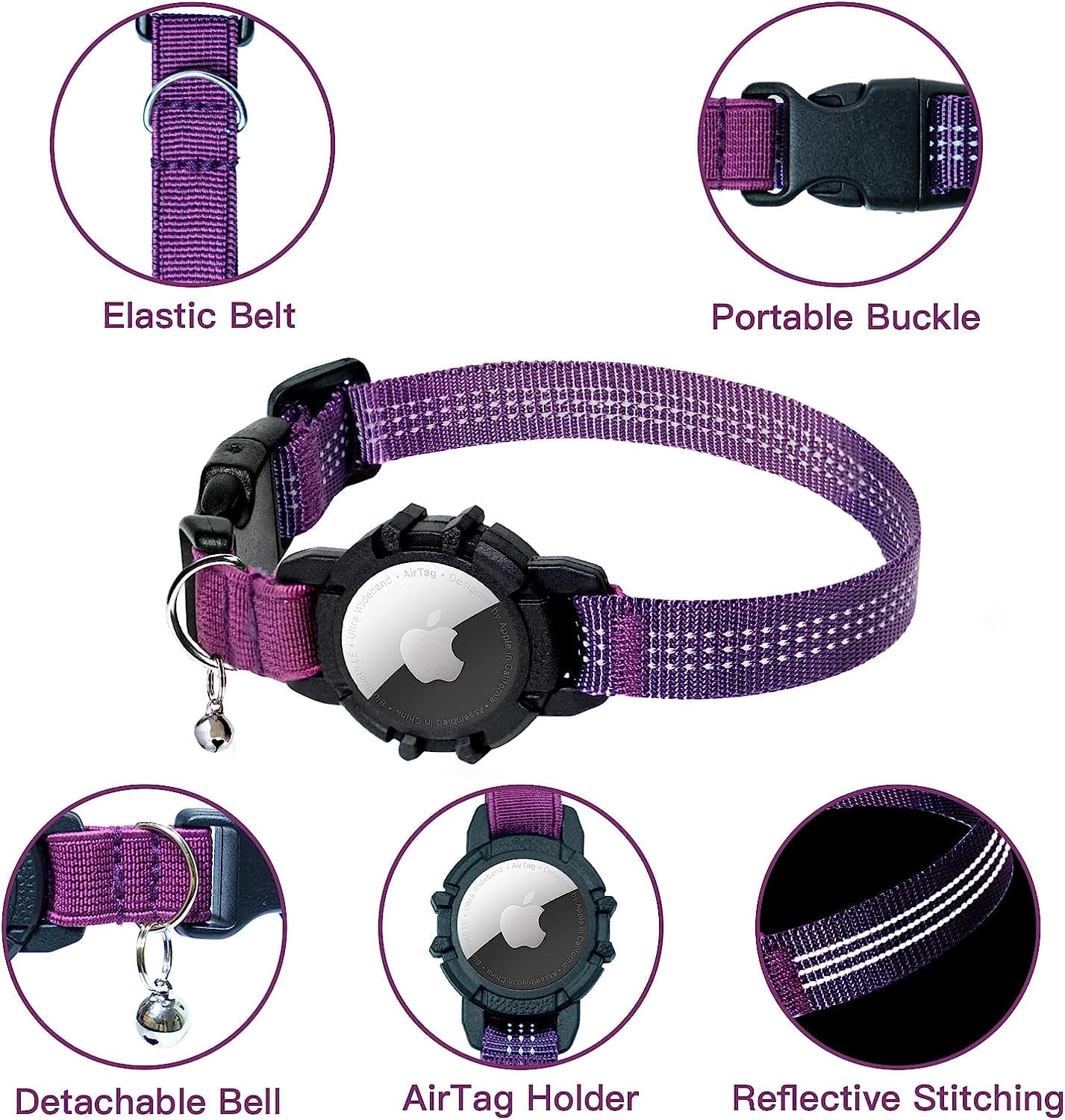 Airtag Cat Collar, New Integrated Apple Air Tag Cat Collar, Reflective Cat Collar with AirTag Holder and Bell, Cat Collar for Girls Boys Cats, Kittens and Puppies (Purple)