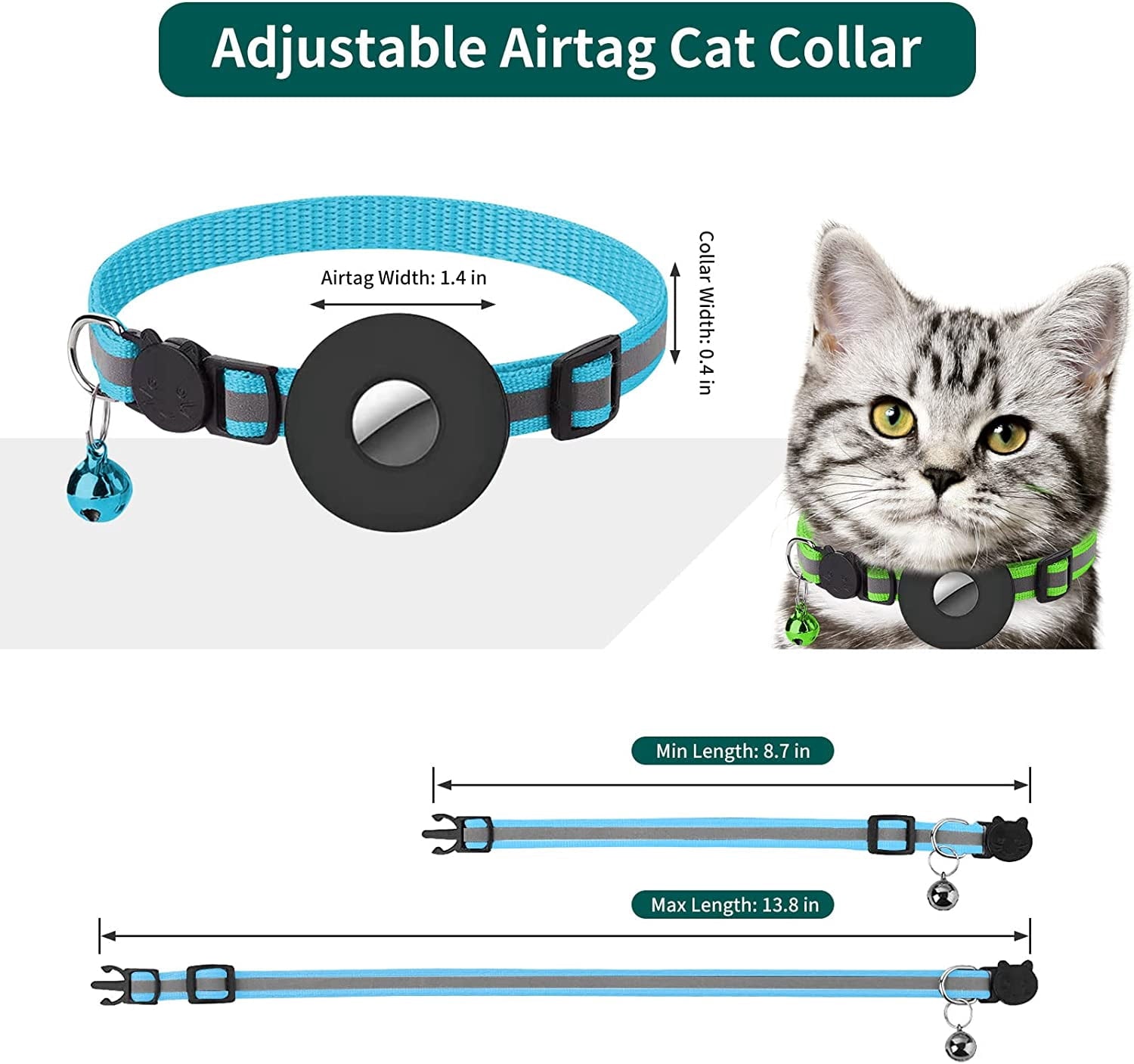 Breakaway Airtag Cat Collar, Reflective Apple Air Tag Cat Collar with Bell and Waterproof Airtag Holder Case, GPS Pet Tracker Collar for Girl Boy Cats, Kittens, Puppies (Blue)